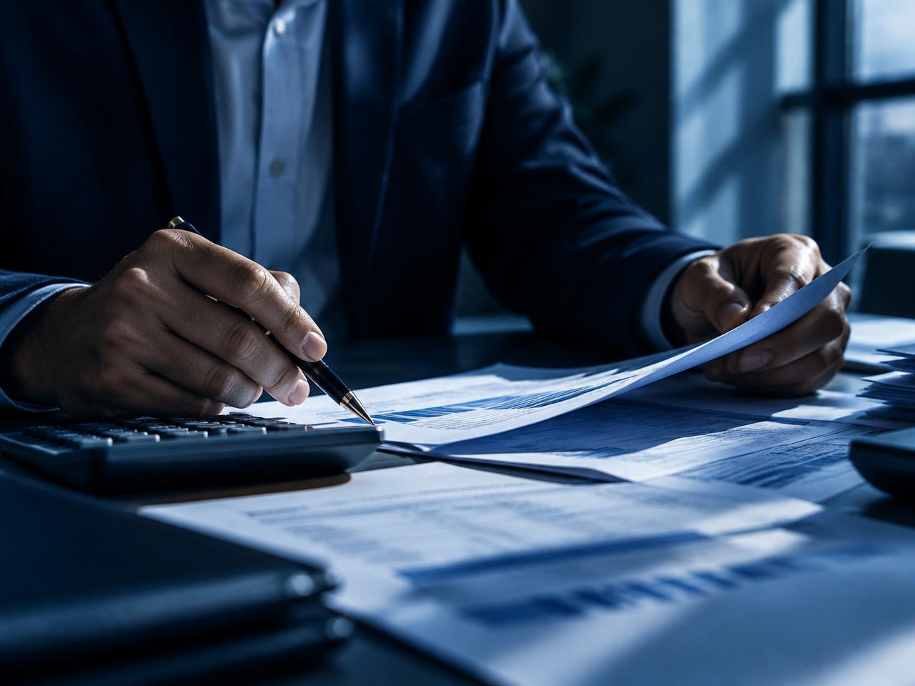 Empresario revisando documentos financieros de su empresa