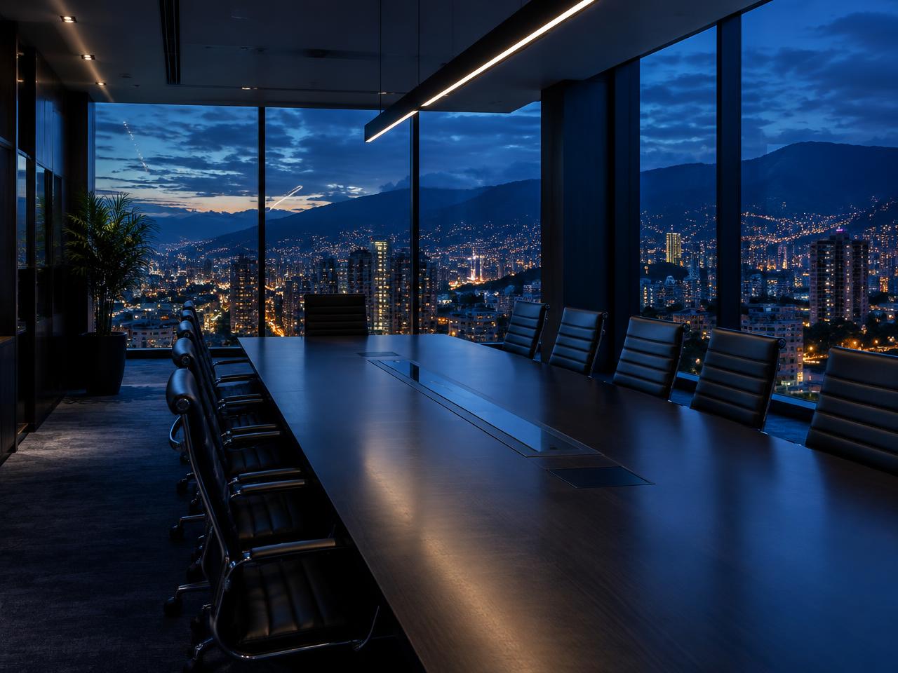 Sala de juntas con vista a las luces de Medellín